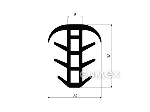 "T" Gummiprofil mit 4 Löcher, 38x32/9mm, 70°ShA, EPDM, ISO 3302-1 E2, -40°C/+100°C, schwarz, 